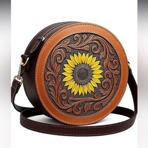 Sunflower Embossed Round Leather Bag genuine leather
